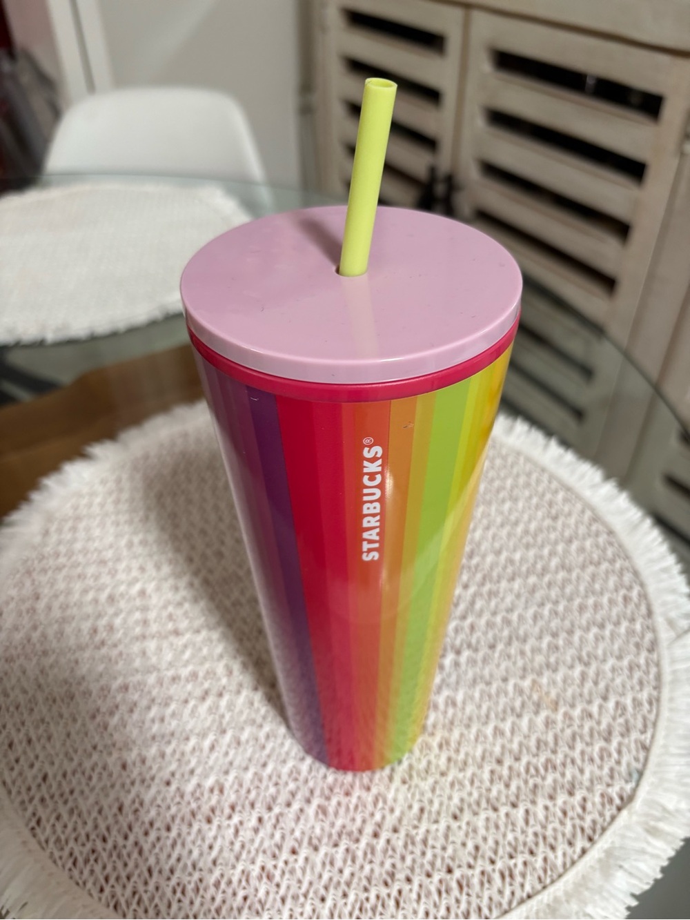 Starbucks Multicolor Rainbow Stripe Tumbler with Pink Lid and Yellow Straw